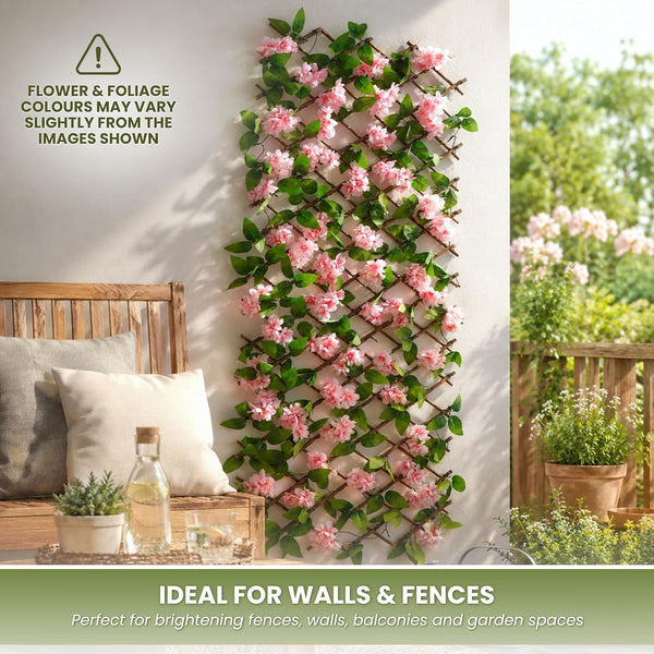 Expandable willow trellis with realistic pink flowers