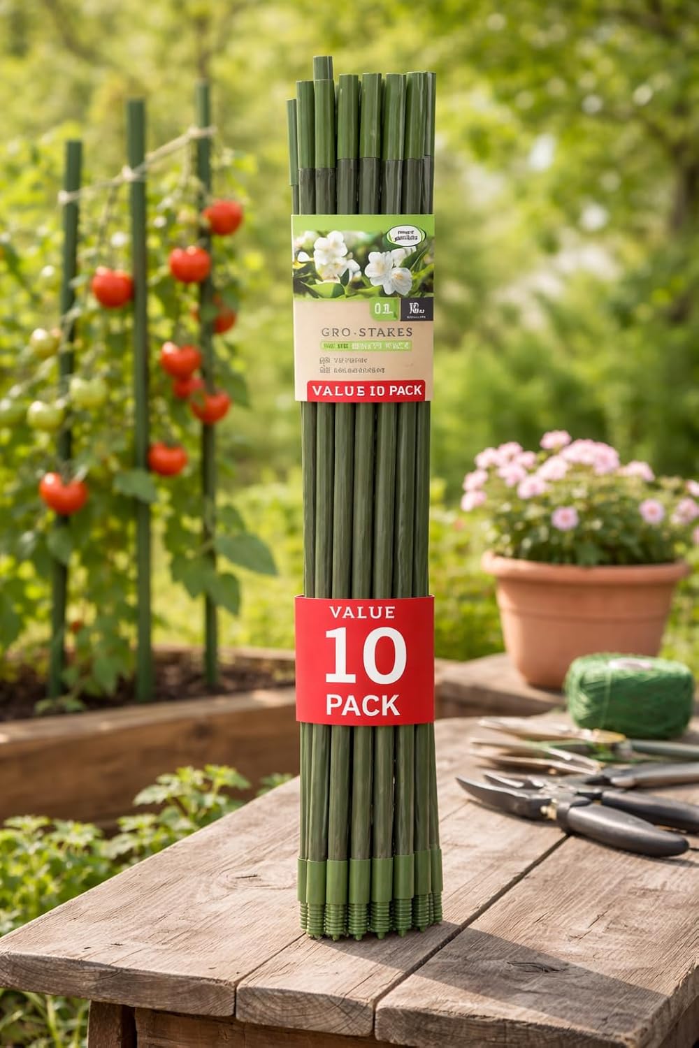 Green extendable plant support stakes for garden plants