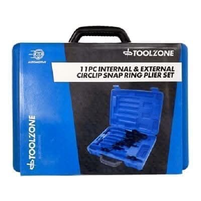 Automotive snap ring removal tools arranged in storage case