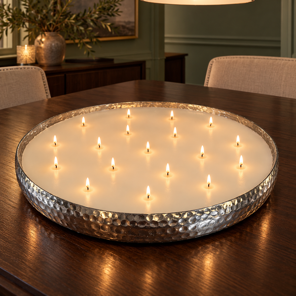 A large round table candle set with a hammered silver metal rim and many lit wicks, placed on a dark wooden dining table in a warmly lit room.