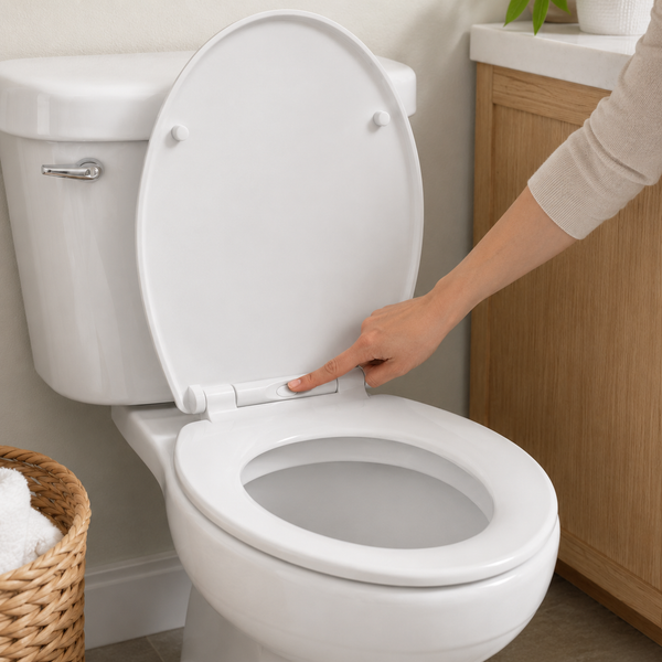 Person adjusting a toilet seat in a bathroom setting