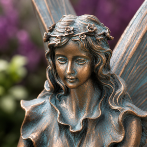 Weatherproof resin fairy positioned on a patio
