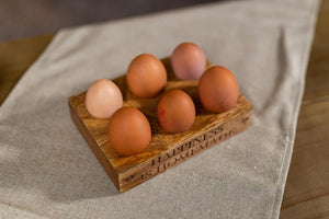 Farmhouse style wooden egg crate for kitchen.