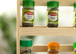 Freestanding wooden spice organiser for pantry shelves