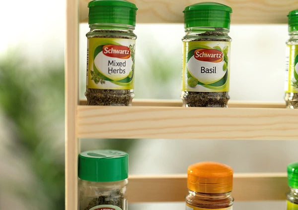 Freestanding wooden spice organiser for pantry shelves