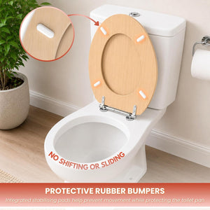 Contemporary wood grain toilet seat with adjustable hinges