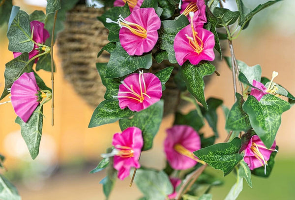 Artificial floral basket displayed outdoors