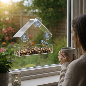 A clear house-shaped bird feeder with suction cups and seed inside, mounted on a window. Two small birds are perched on the feeder, and a person in a beige sweater holds a mug by the window, with a garden visible outside.