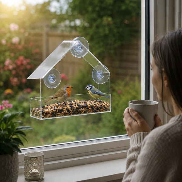 A clear house-shaped bird feeder with suction cups and seed inside, mounted on a window. Two small birds are perched on the feeder, and a person in a beige sweater holds a mug by the window, with a garden visible outside.