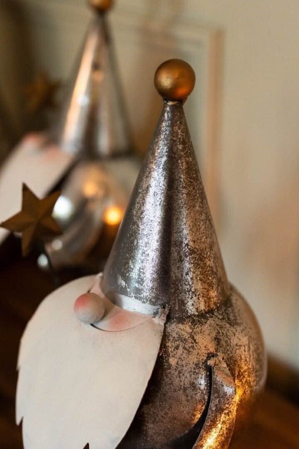 Metallic Christmas gonk decorations shown close up