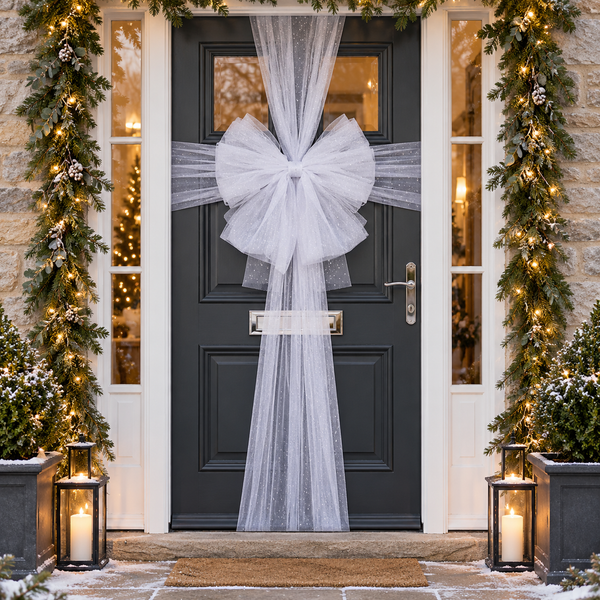 A large white tulle bow and matching sheer white fabric are tied around a dark charcoal front door, with holiday garlands, warm string lights, lanterns, and snowy greenery around the entrance.