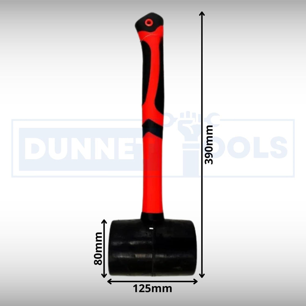 Heavy-duty 48oz rubber mallet with fibreglass handle.