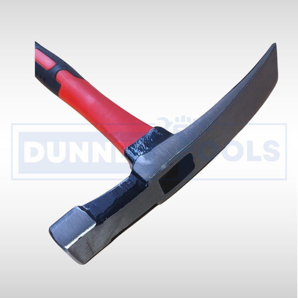 Carbon steel geology hammer with pointed rock splitting pick.