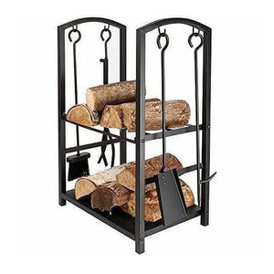 Black steel fireplace log rack and tools set