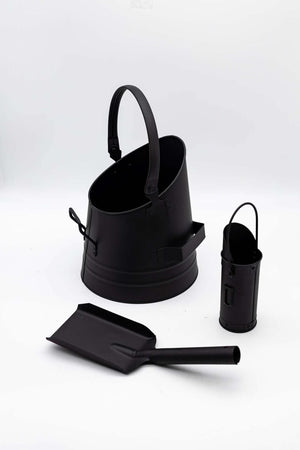 Metal coal storage bucket shown from front