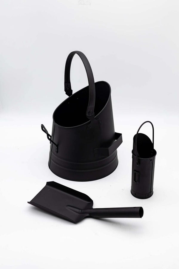 Metal coal storage bucket shown from front
