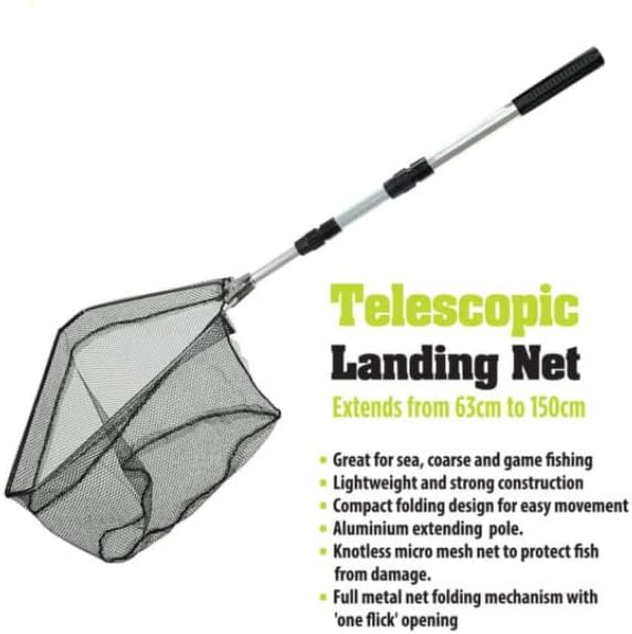 Compact fishing net folded for easy storage.
