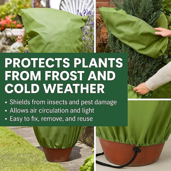 Frost protection cover secured around a small tree.
