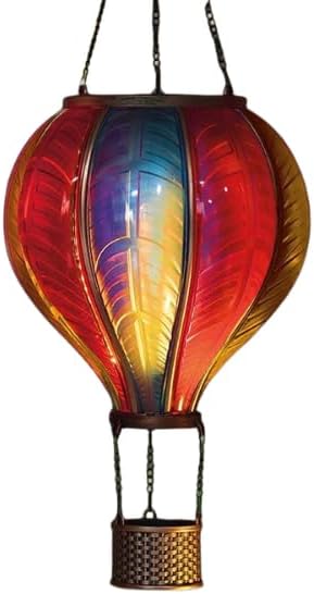 Hot air balloon solar light suspended in garden setting