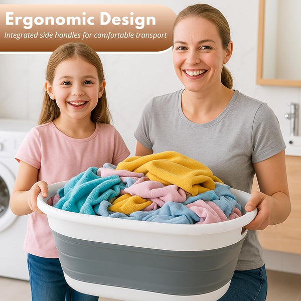 Plastic foldable laundry hamper for travel.