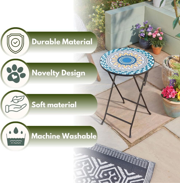 Compact folding garden table with mosaic design