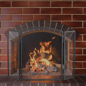 Black fireplace guard with fine mesh panels