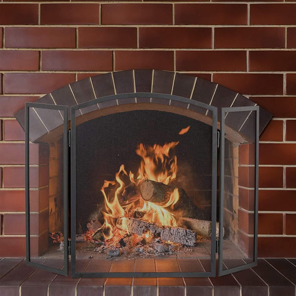 Black fireplace guard with fine mesh panels