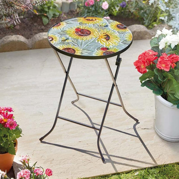 Foldable sunflower glass bistro table for outdoor patio