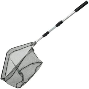 Foldable fishing net with rubber-coated micromesh.