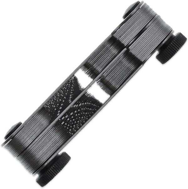 Thread gauge for identifying bolt and screw sizes.