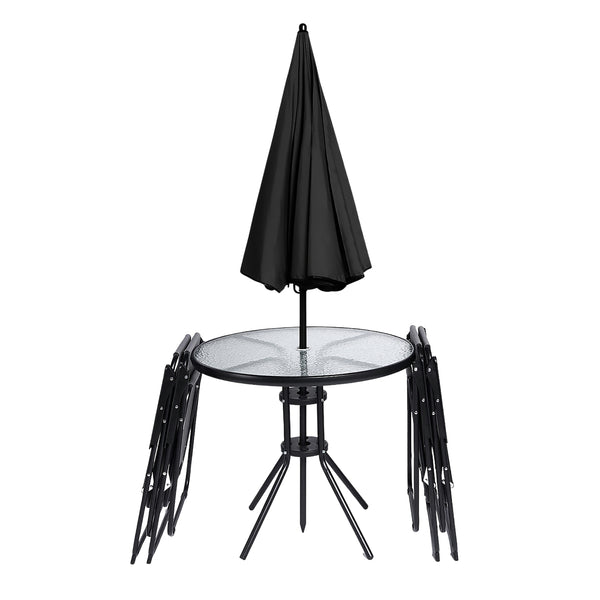 Garden furniture set featuring table chairs and parasol