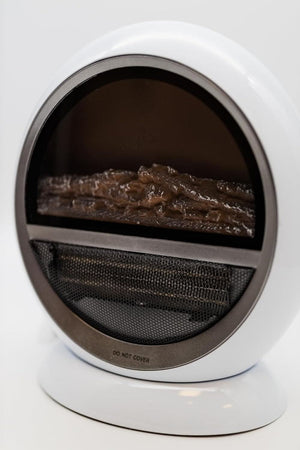 Round white electric fire heater displayed indoors