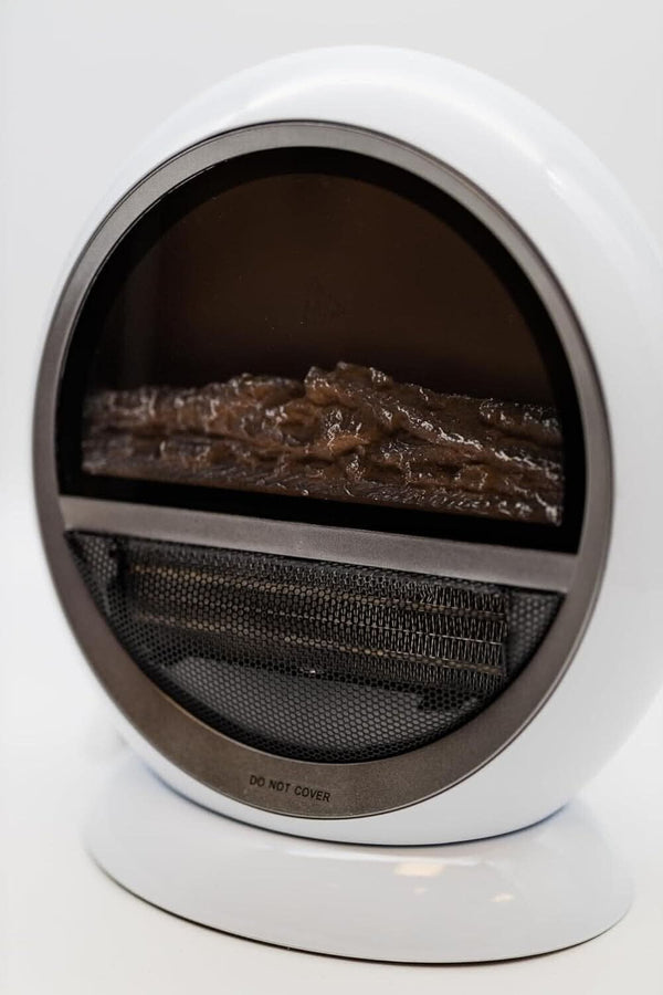 Round white electric fire heater displayed indoors