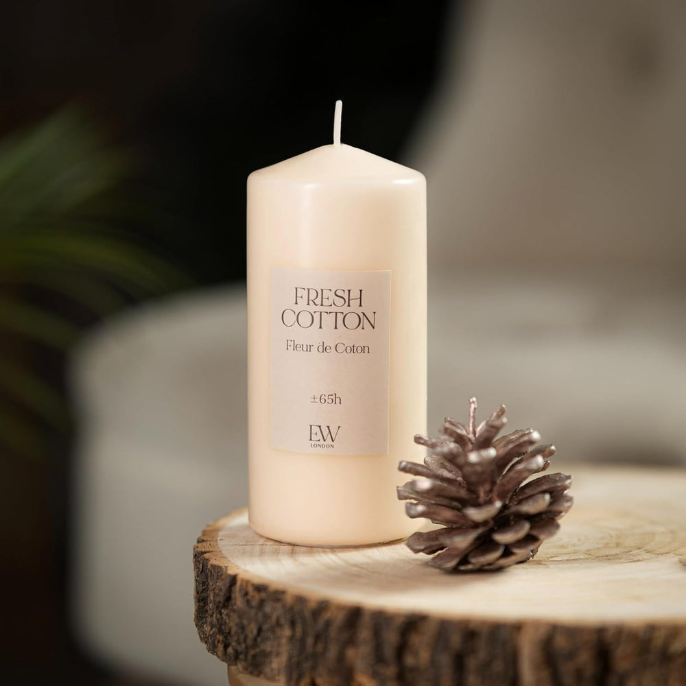 Fresh cotton scented pillar candle made from soy wax