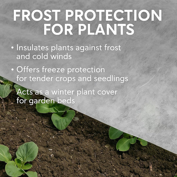 Non-woven horticultural fabric protecting garden shrubs.