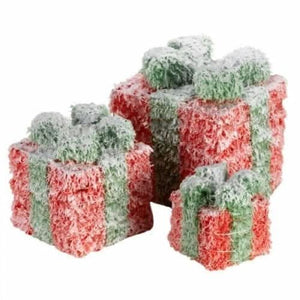 Frosted LED Christmas gift boxes with festive red and green design