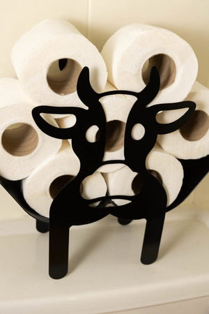 Quirky black cow bathroom storage accessory