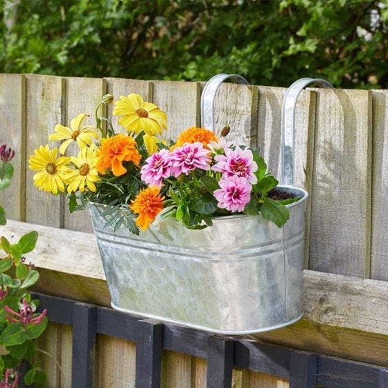 Galvanised metal hanging balcony planter with hooks