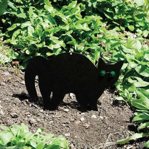 Black silhouette of a bear in a garden setting with green plants