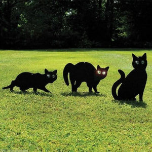 Three black cats on a grassy field with a dark background