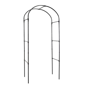 Black steel garden archway supporting climbing roses
