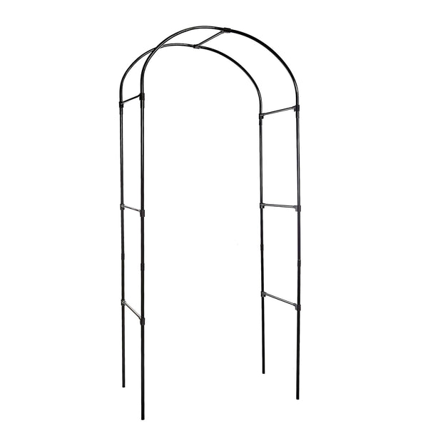 Black steel garden archway supporting climbing roses