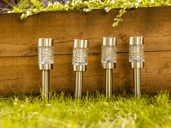Four 42cm solar garden lights shown together