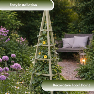 Tall wooden obelisk used for vertical garden growth