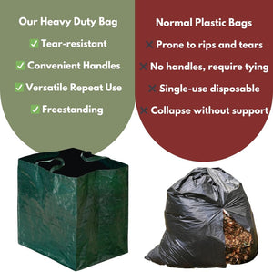 Two-pack reusable bags for collecting garden debris.