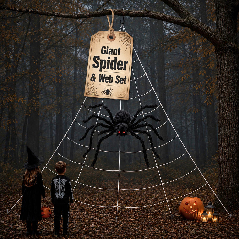 Giant Halloween spider web with large fuzzy spider