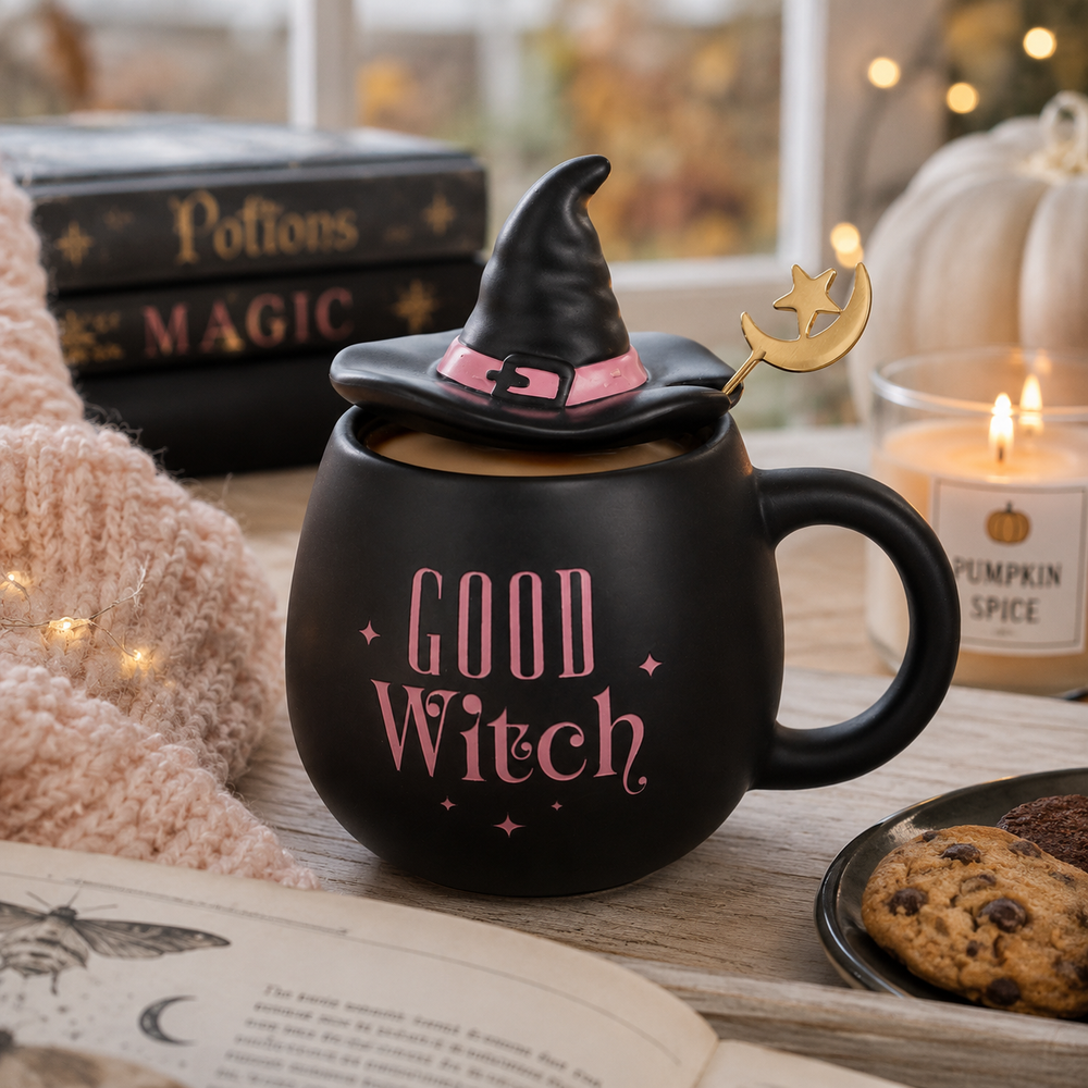 Good Witch ceramic mug with witch hat lid and gold spoon