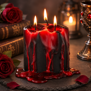 A black pillar candle with dramatic red wax dripping down the sides, lit with three glowing flames. The candle sits on a dark stone surface with red roses, old books, and warm background lights in a moody setting.