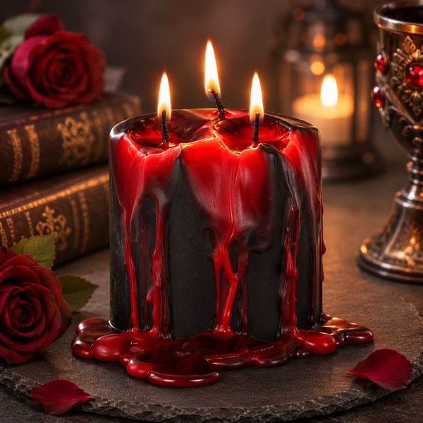 A black pillar candle with dramatic red wax dripping down the sides, lit with three glowing flames. The candle sits on a dark stone surface with red roses, old books, and warm background lights in a moody setting.