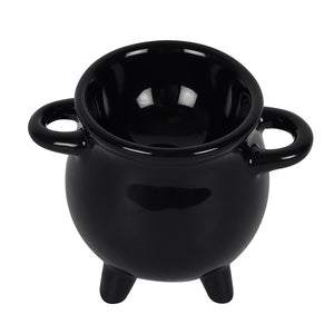 Black cauldron-shaped bowl with handles on a white background